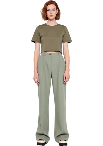Kadın Haki Geniş Paça Dokuma Pantolon Keten Görünümlü Fonksiyonel Dayanıklı Kaliteli Rahat