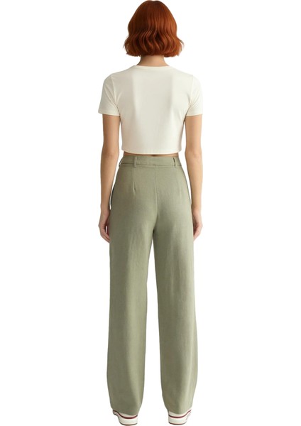Kadın Haki Geniş Paça Dokuma Pantolon Keten Görünümlü Fonksiyonel Dayanıklı Kaliteli Rahat fiyatları