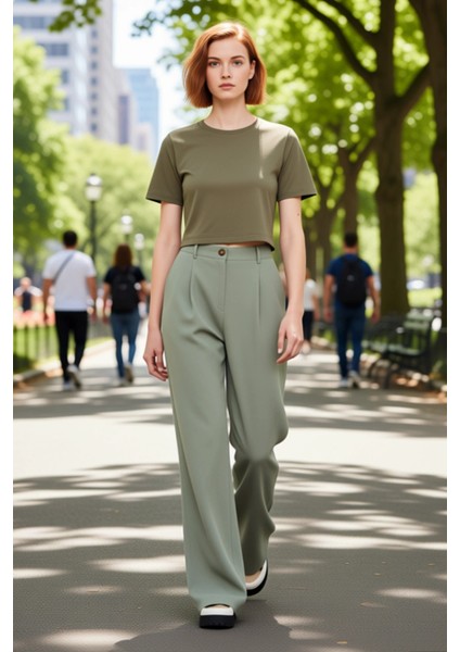Kadın Haki Geniş Paça Dokuma Pantolon Keten Görünümlü Fonksiyonel Dayanıklı Kaliteli Rahat fırsatları