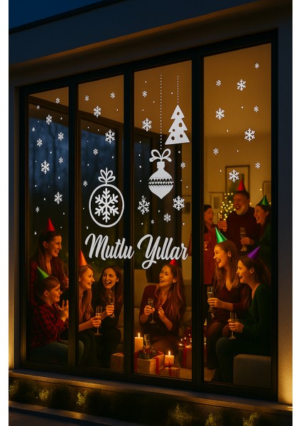 Mutlu Yıllar Kartanesi Yılbaşı Cam Vitrin Duvar Süsleme Etiket Sticker 50X100 cm