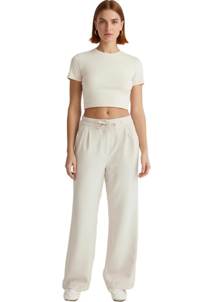 Düşük Bel Bağcıklı Wide Leg Dokuma Kadın Pantolonu Fonksiyonel Dayanıklı Kaliteli Konforlu