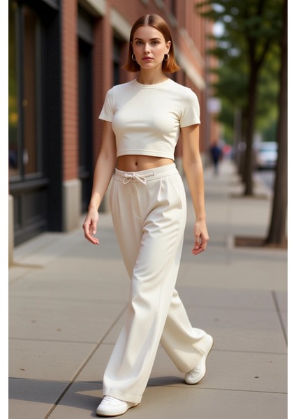 Düşük Bel Bağcıklı Wide Leg Dokuma Kadın Pantolonu Fonksiyonel Dayanıklı Kaliteli Konforlu indirimleri