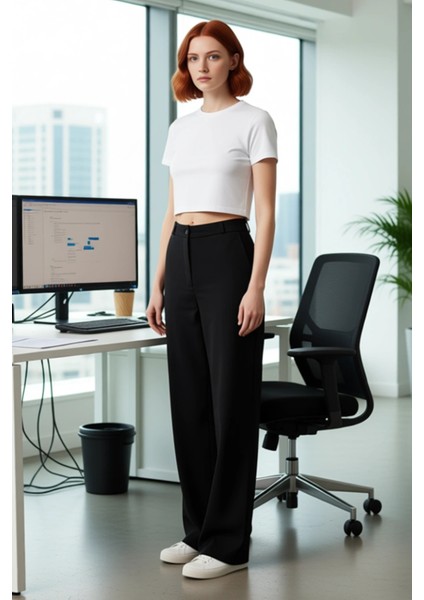 Kadın Yüksek Bel Geniş Paça Dokuma Kumaş Pantolon Fonksiyonel Dayanıklı Kaliteli Konforlu Şık modelleri