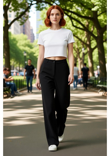 Kadın Yüksek Bel Geniş Paça Dokuma Kumaş Pantolon Fonksiyonel Dayanıklı Kaliteli Konforlu Şık fırsatları