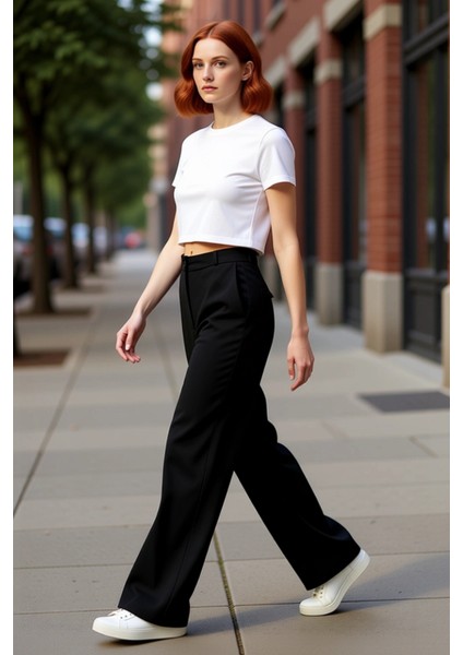 Kadın Yüksek Bel Geniş Paça Dokuma Kumaş Pantolon Fonksiyonel Dayanıklı Kaliteli Konforlu Şık indirimleri