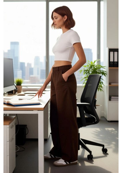 Kadın Haki Gabardin Yüksek Bel Bol Kesim Pantolon Fonksiyonel Dayanıklı Kaliteli Konforlu Şık modelleri