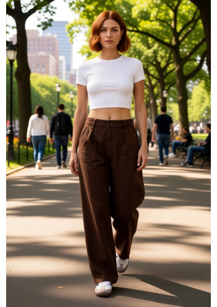 Kadın Haki Gabardin Yüksek Bel Bol Kesim Pantolon Fonksiyonel Dayanıklı Kaliteli Konforlu Şık fırsatları