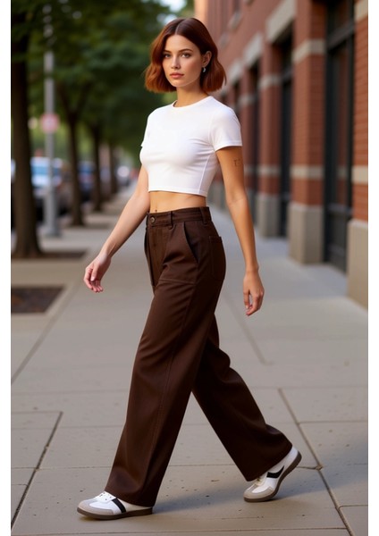 Kadın Haki Gabardin Yüksek Bel Bol Kesim Pantolon Fonksiyonel Dayanıklı Kaliteli Konforlu Şık indirimleri