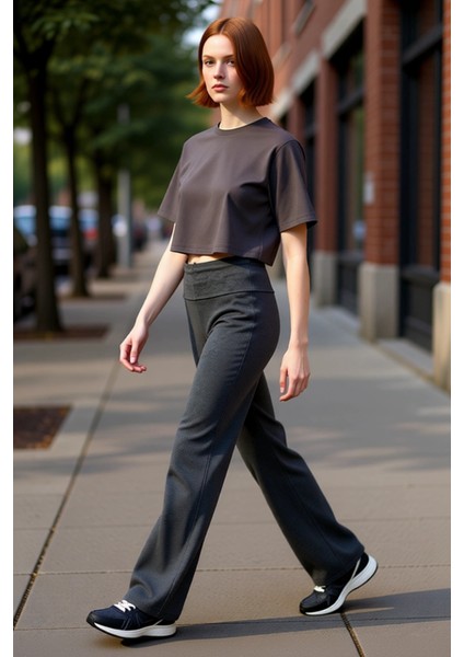 Kadın Esnek Interlok Örme Flare Paça Pantolon Antrasit Melanj Fonksiyonel Dayanıklı Modern indirimleri