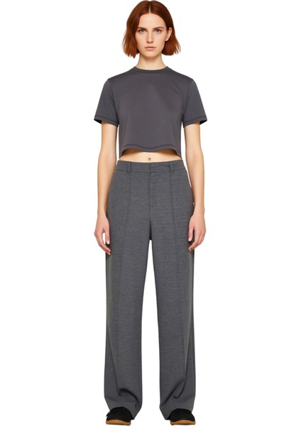 Kadın Antrasit Geniş Paça Örme Pantolon Yüksek Bel Fonksiyonel Dayanıklı Kaliteli Konforlu