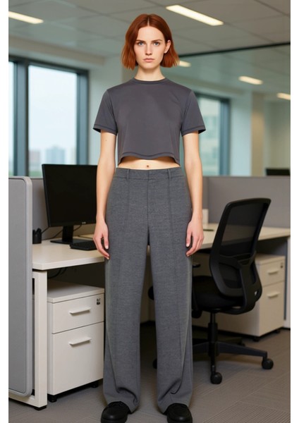 Kadın Antrasit Geniş Paça Örme Pantolon Yüksek Bel Fonksiyonel Dayanıklı Kaliteli Konforlu fiyatları