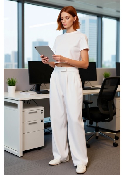 Kadın Yüksek Bel Geniş Paça Kumaş Pantolon Fonksiyonel Dayanıklı Kaliteli Konforlu Estetik modelleri