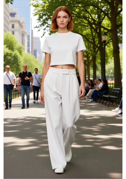 Kadın Yüksek Bel Geniş Paça Kumaş Pantolon Fonksiyonel Dayanıklı Kaliteli Konforlu Estetik fırsatları