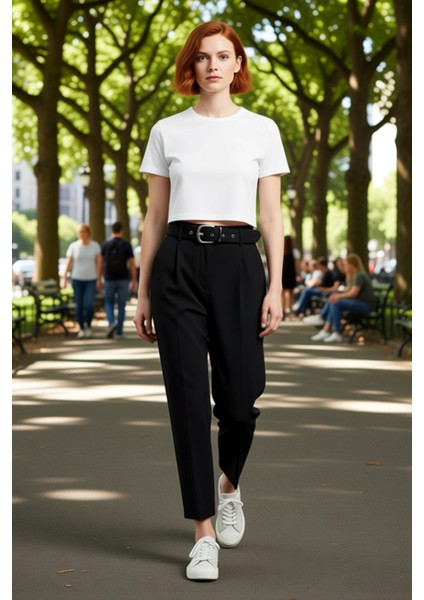 Kadın Yüksek Bel Kemerli Şalvar Kesim Pantolon Fonksiyonel Dayanıklı Kaliteli Konforlu Şık fırsatları