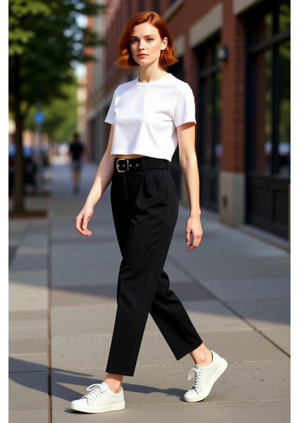 Kadın Yüksek Bel Kemerli Şalvar Kesim Pantolon Fonksiyonel Dayanıklı Kaliteli Konforlu Şık indirimleri