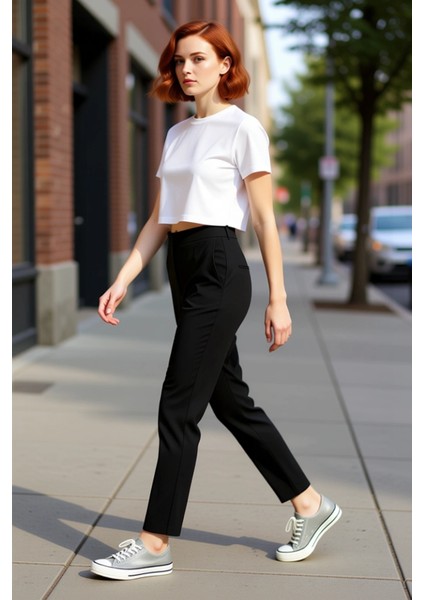 Kadın Yüksek Bel Dar Paça Dokuma Pantolon Fonksiyonel Dayanıklı Kaliteli Konforlu Estetik Şık indirimleri