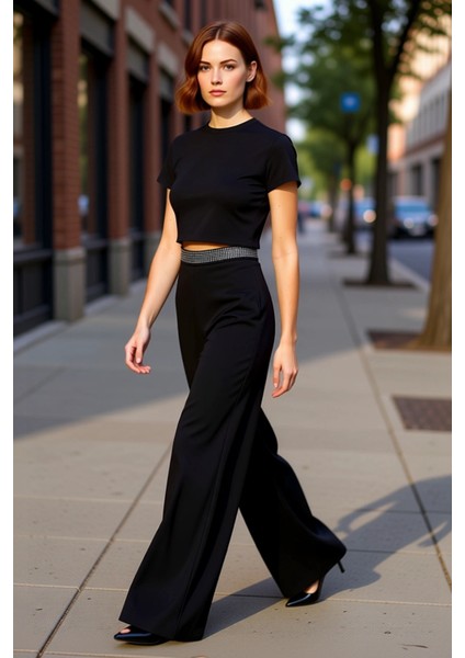 Kadın Şık Geniş Paça Taş Kemerli Dokuma Pantolon Fonksiyonel Dayanıklı Kaliteli Konforlu Spor indirimleri