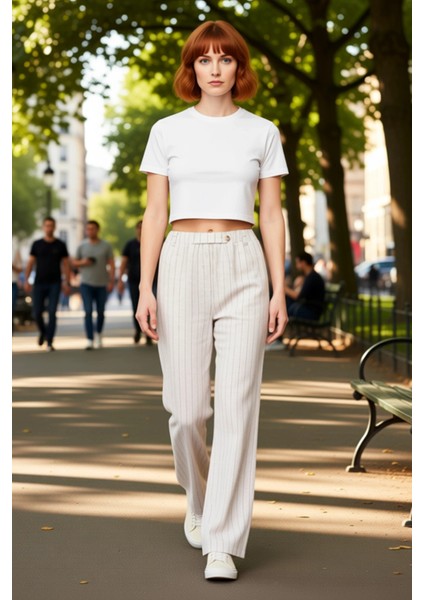 Kadın Çizgili Yüksek Bel Straight Kesim Cep Detaylı Pantolon Fonksiyonel Dayanıklı Estetik modelleri