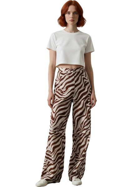 Kadın Zebra Desenli Yüksek Bel Geniş Paça Pantolon Fonksiyonel Dayanıklı Kaliteli Konforlu