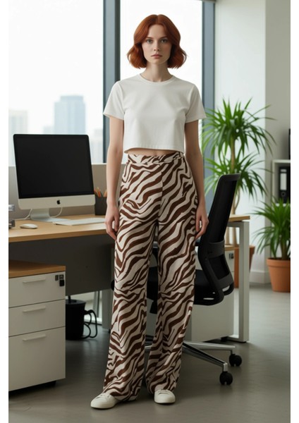 Kadın Zebra Desenli Yüksek Bel Geniş Paça Pantolon Fonksiyonel Dayanıklı Kaliteli Konforlu fiyatları