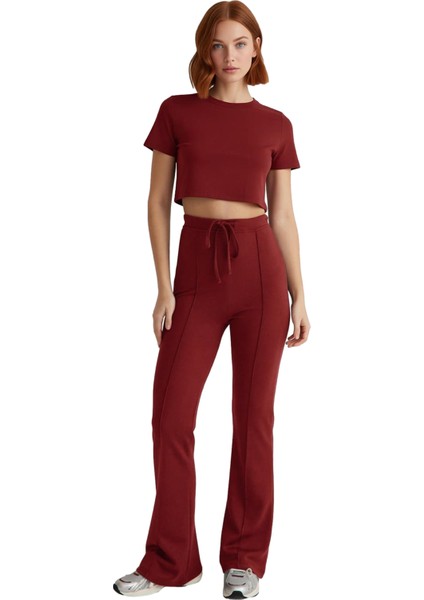 Kadın Kiremit Flare Pantolon Yüksek Bel Esnek Örme Fonksiyonel Dayanıklı Kaliteli Konforlu