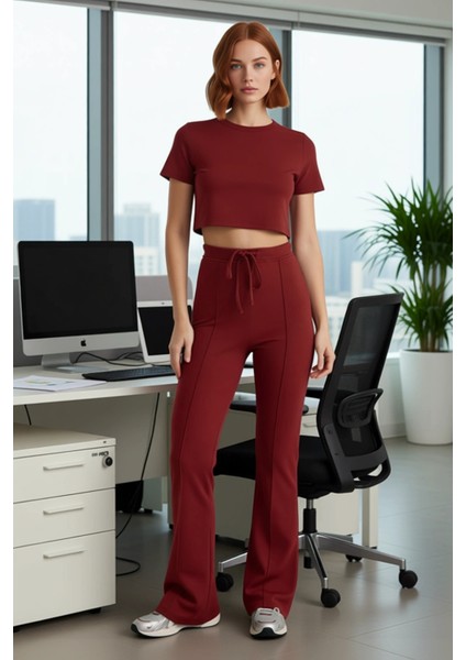 Kadın Kiremit Flare Pantolon Yüksek Bel Esnek Örme Fonksiyonel Dayanıklı Kaliteli Konforlu modelleri