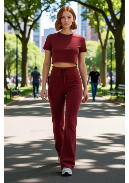 Kadın Kiremit Flare Pantolon Yüksek Bel Esnek Örme Fonksiyonel Dayanıklı Kaliteli Konforlu fırsatları