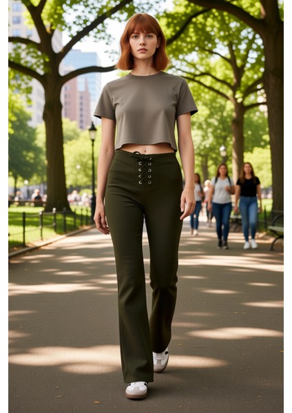 Kadın Haki Gabardin Flare Pantolon Bağcıklı Detaylı Fonksiyonel Dayanıklı Kaliteli Estetik fırsatları