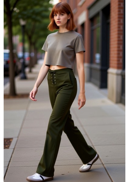 Kadın Haki Gabardin Flare Pantolon Bağcıklı Detaylı Fonksiyonel Dayanıklı Kaliteli Estetik indirimleri