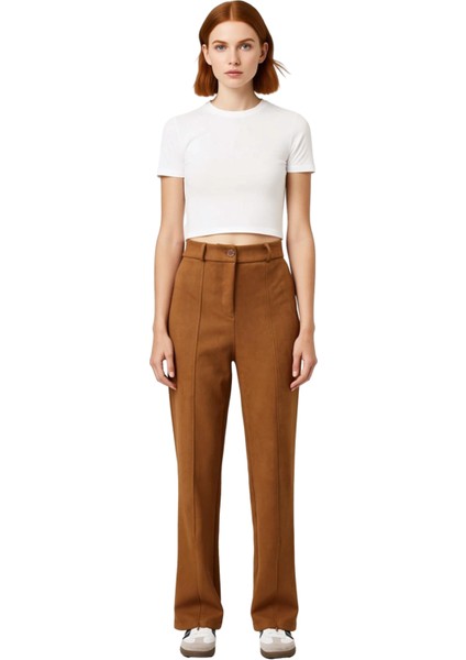 Kadın Yüksek Bel Fermuar Detaylı Süet Pantolon Fonksiyonel Dayanıklı Kaliteli Konforlu Şık