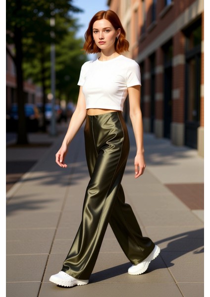 Kadın Haki Saten Geniş Paça Pantolon Fonksiyonel Dayanıklı Kaliteli Konforlu Estetik Rahat fırsatları