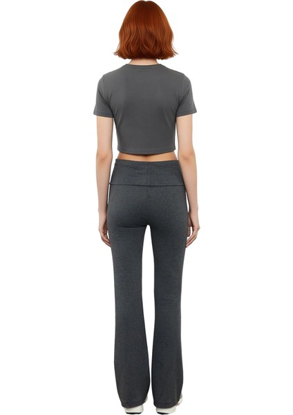 Kadın Esnek Interlok Örme Flare Paça Pantolon Antrasit Melanj Fonksiyonel Dayanıklı Modern fiyatları
