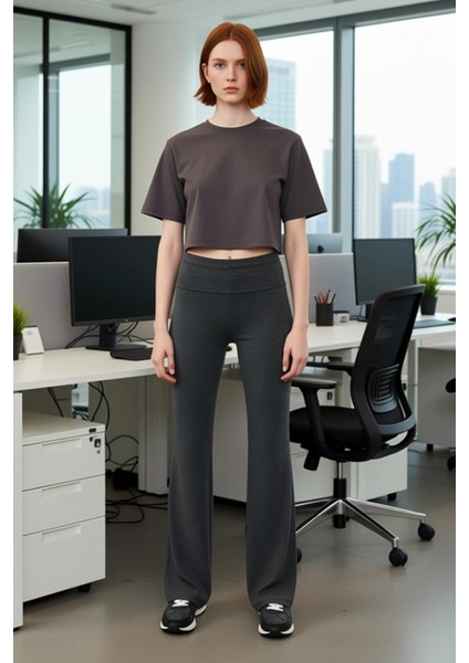 Kadın Esnek Interlok Örme Flare Paça Pantolon Antrasit Melanj Fonksiyonel Dayanıklı Modern modelleri