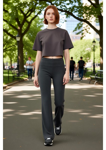 Kadın Esnek Interlok Örme Flare Paça Pantolon Antrasit Melanj Fonksiyonel Dayanıklı Modern fırsatları