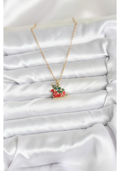 Zarif Boyunlar Için Golden Çelik Zincir Kızak Çam Ağacı Yılbaşı Tema Kadın Kolye