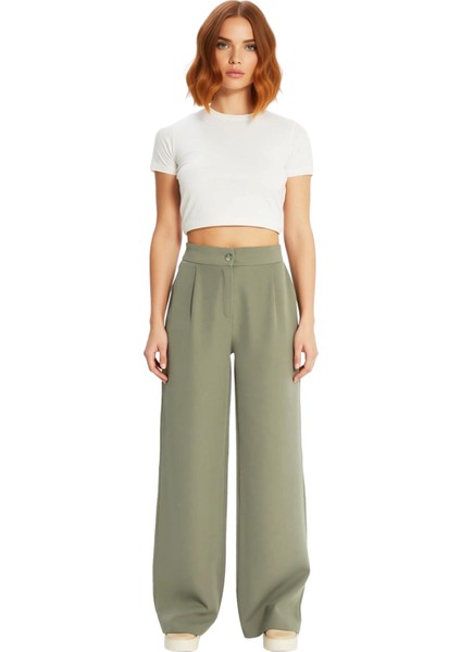 Kadın Geniş Paça Yüksek Bel Dokuma Pantolon Fonksiyonel Dayanıklı Kaliteli Konforlu Modern