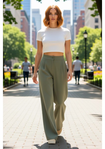 Kadın Geniş Paça Yüksek Bel Dokuma Pantolon Fonksiyonel Dayanıklı Kaliteli Konforlu Modern fırsatları