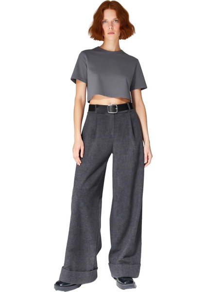 Kadın Yüksek Bel Geniş Paça Dokuma Pantolon Fonksiyonel Dayanıklı Kaliteli Konforlu Modern