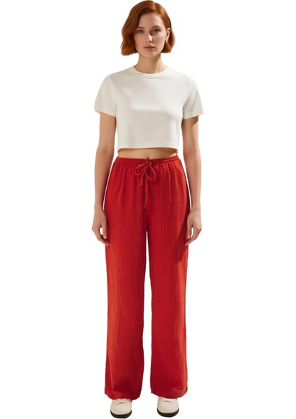 Kadın Müslin Dokuma Koyu Geniş Paça Pantolon Fonksiyonel Dayanıklı Kaliteli Konforlu Rahat