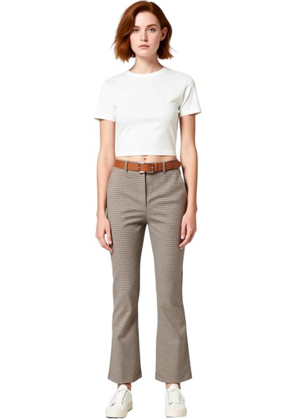 Kadın Ekose Desenli Yüksek Bel Flare Pantolon Fonksiyonel Dayanıklı Kaliteli Konforlu Spor