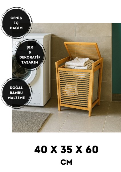 Orta Boy Ahşap Bambu Kirli Sepeti 40X35X60