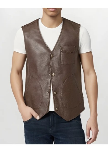 Pu Deri Yatay Torba Cepli Orta Kalın Yelek