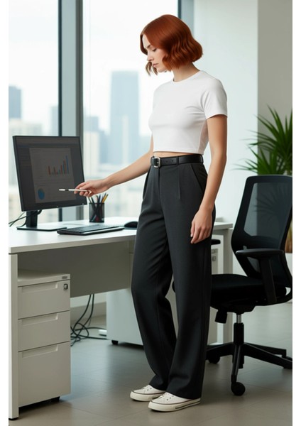 Kadın Yüksek Bel Düz Paça Kemerli Dokuma Pantolon Fonksiyonel Dayanıklı Kaliteli Konforlu Şık modelleri