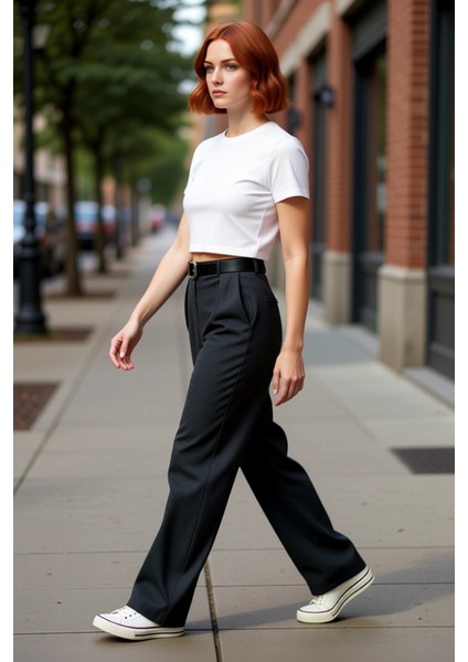 Kadın Yüksek Bel Düz Paça Kemerli Dokuma Pantolon Fonksiyonel Dayanıklı Kaliteli Konforlu Şık indirimleri