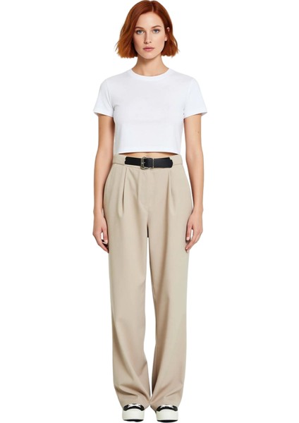 Kadın Yüksek Bel Düz Paça Kemerli Dokuma Pantolon Fonksiyonel Dayanıklı Kaliteli Konforlu Şık