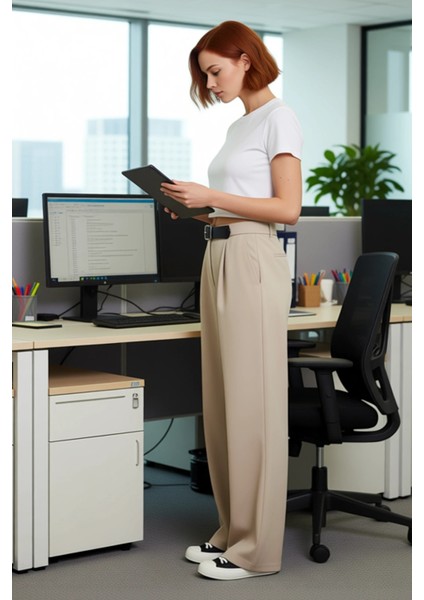 Kadın Yüksek Bel Düz Paça Kemerli Dokuma Pantolon Fonksiyonel Dayanıklı Kaliteli Konforlu Şık modelleri