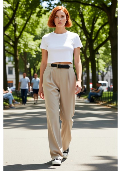 Kadın Yüksek Bel Düz Paça Kemerli Dokuma Pantolon Fonksiyonel Dayanıklı Kaliteli Konforlu Şık fırsatları