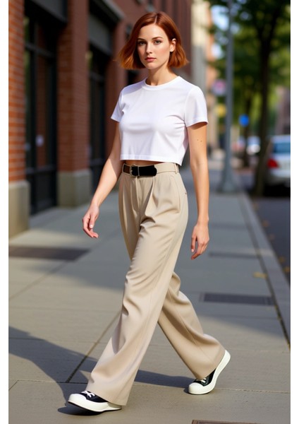 Kadın Yüksek Bel Düz Paça Kemerli Dokuma Pantolon Fonksiyonel Dayanıklı Kaliteli Konforlu Şık indirimleri