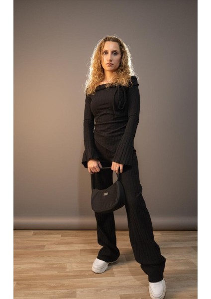 Fitilli Ribana Düşük Omuz Bağcık Detaylı Üst ve Ispanyol Paça Pantolon Ikili Triko Takım