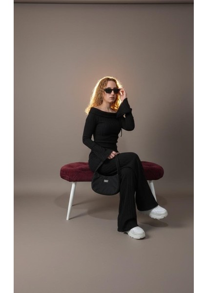 Fitilli Ribana Düşük Omuz Bağcık Detaylı Üst ve Ispanyol Paça Pantolon Ikili Triko Takım fiyatları